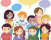 Group of diverse children smiling together, each with a speech bubble above them in various colors.