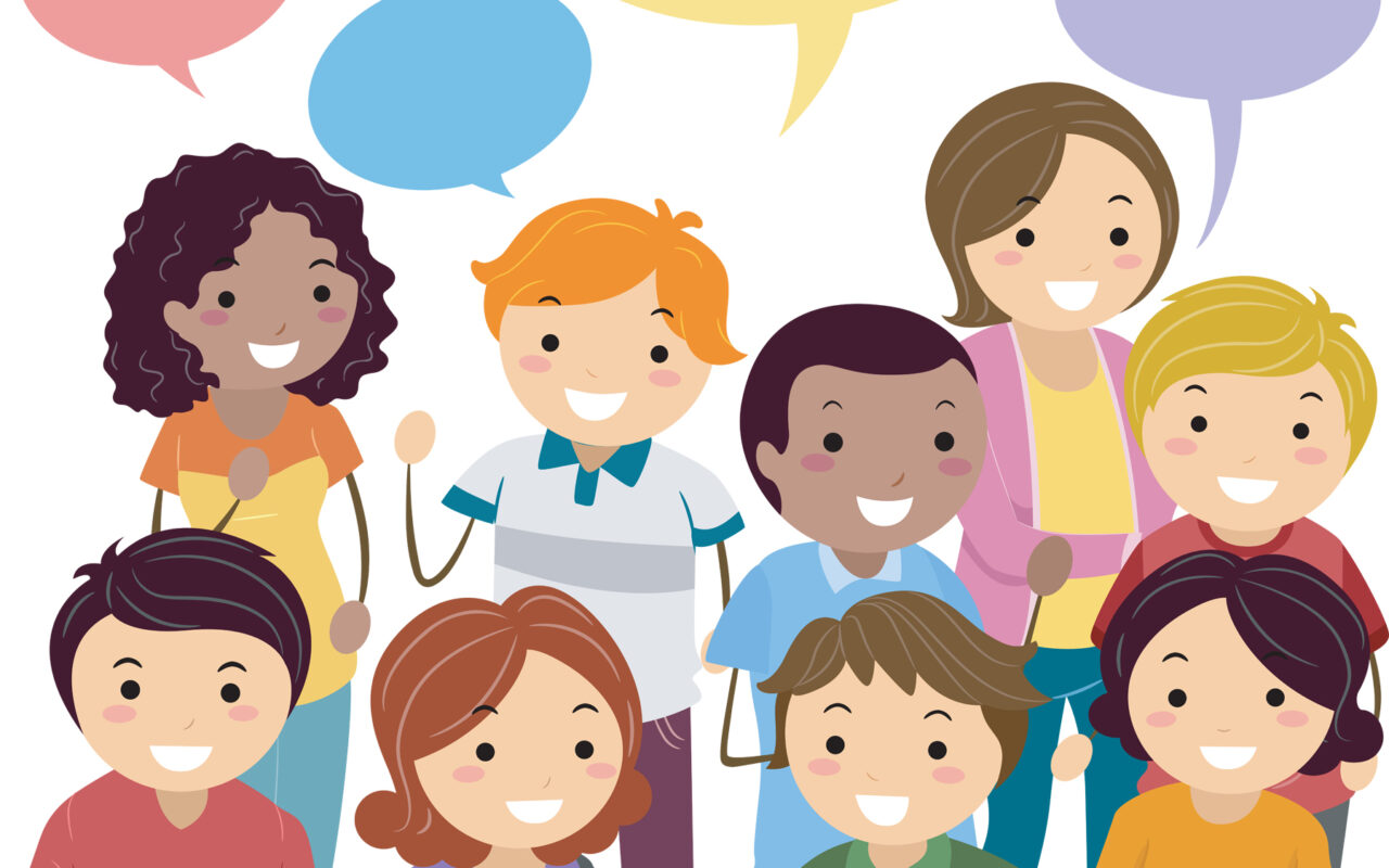 Group of diverse children smiling together, each with a speech bubble above them in various colors.