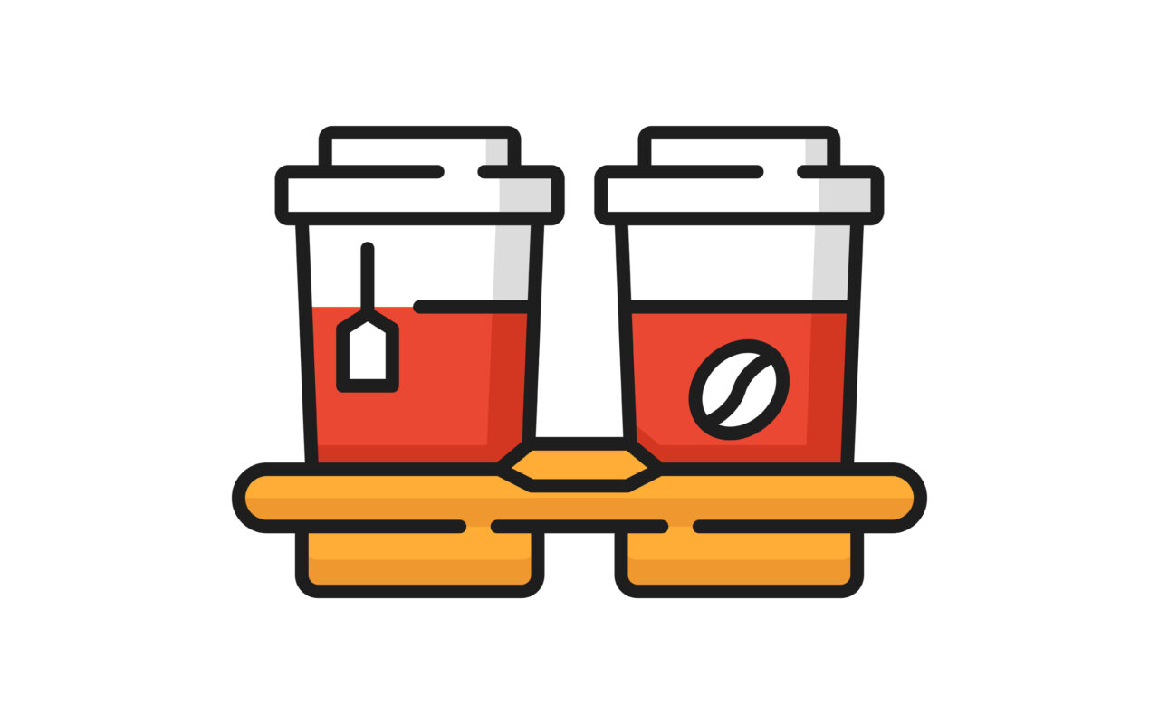 Two takeaway cups on an orange carrier, one with a tea bag tag and the other with a coffee bean icon, suggesting tea and coffee