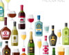 Assorted bottles and glasses of alcoholic drinks arranged along the bottom, with the word ALCOHOL in the top right corner.