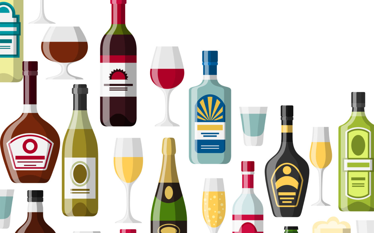 Assorted bottles and glasses of alcoholic drinks arranged along the bottom, with the word ALCOHOL in the top right corner.