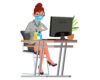 Woman in a face mask sits at a desk with a computer, hand sanitizer and lotion bottles on the desk, and a plant nearby.