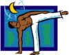 Illustration of a muscular man in white pants balancing on one leg while extending the other, against a blue framed background with a crescent moon and birds.