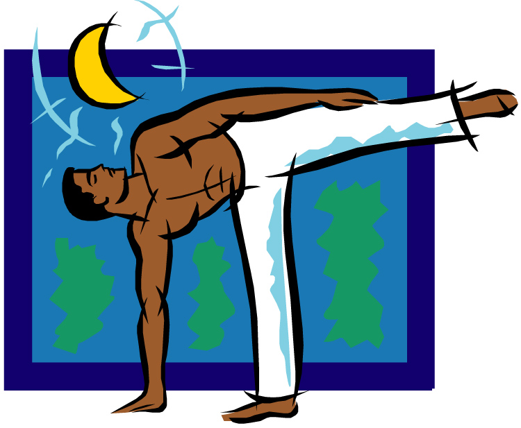 Illustration of a muscular man in white pants balancing on one leg while extending the other, against a blue framed background with a crescent moon and birds.