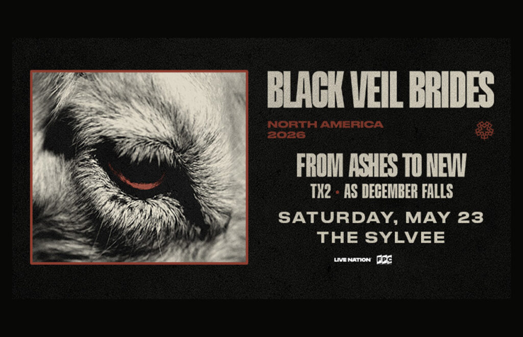 Close-up of an animal eye in a red frame on a Black Veil Brides concert poster with bold tour text on the right and a dark background.