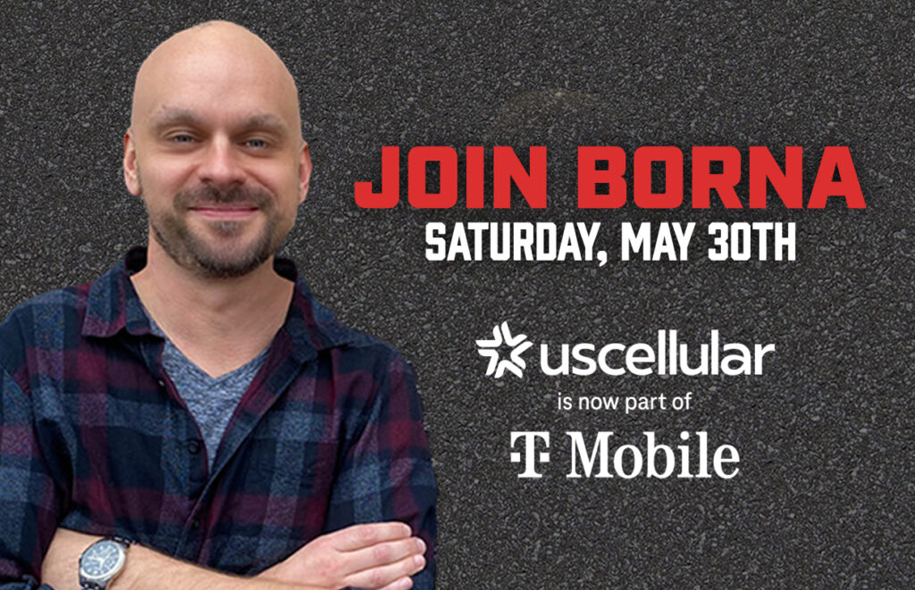 Promo banner with a smiling man on the left and bold 'JOIN BORNA' text plus the date, announcing UScellular joining T-Mobile.