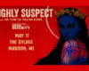 Promotional concert poster for Highly Suspect with Dead Poet Society; blue-tinted woman with a flower crown on a red background, May 17 at The Sylvee, Madison, WI.