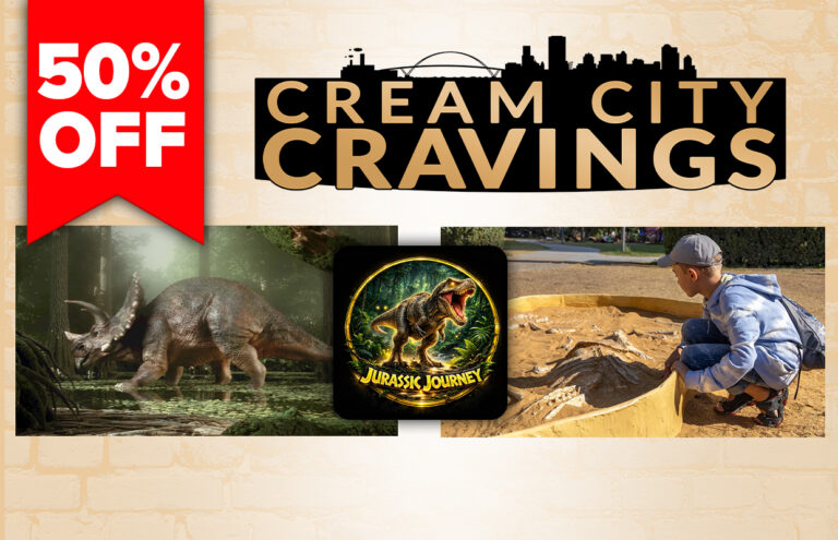 Promotional banner for Cream City Cravings with 50% off, featuring a dinosaur scene, a Jurassic Journey logo, and a child in a sandbox against a brick wall background.