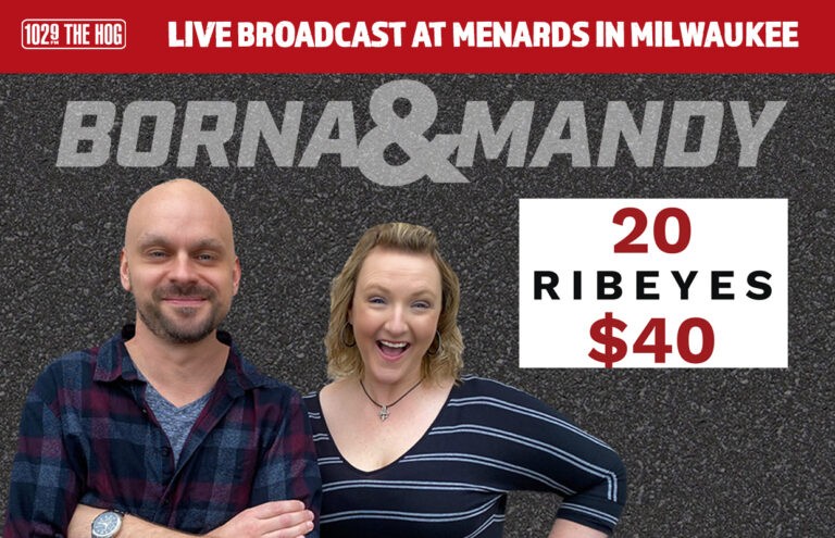 Promotional banner with two hosts and bold text: '20 RIBEYES $40' on the right; event from 102.9 The Hog airing live in Milwaukee at Menards.