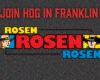 Campaign banner reading 'JOIN HOG IN FRANKLIN' with a central logo: large red 'ROSEN' text flanked by cartoon cowboy portraits in colored panels and a blue 'ROSEN' at bottom right on a textured asphalt background.