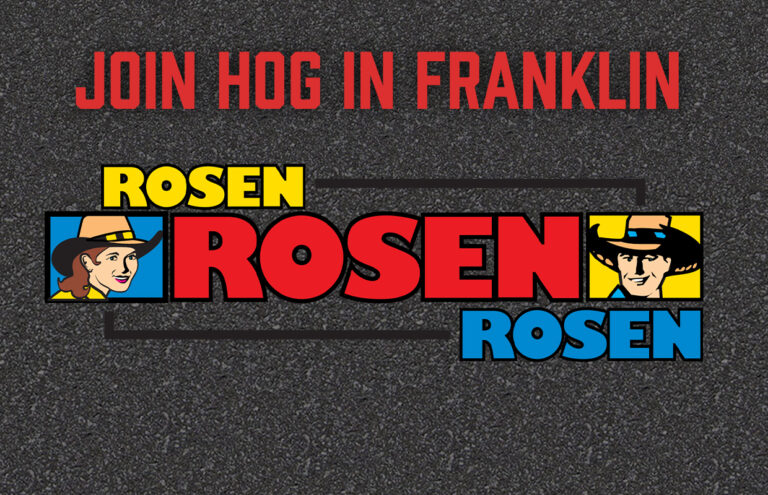 Campaign banner reading 'JOIN HOG IN FRANKLIN' with a central logo: large red 'ROSEN' text flanked by cartoon cowboy portraits in colored panels and a blue 'ROSEN' at bottom right on a textured asphalt background.