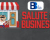 Cartoon pig guitarist outside a storefront with a red-and-white striped awning and bold 'Salute to Business' text beside a BBB logo.