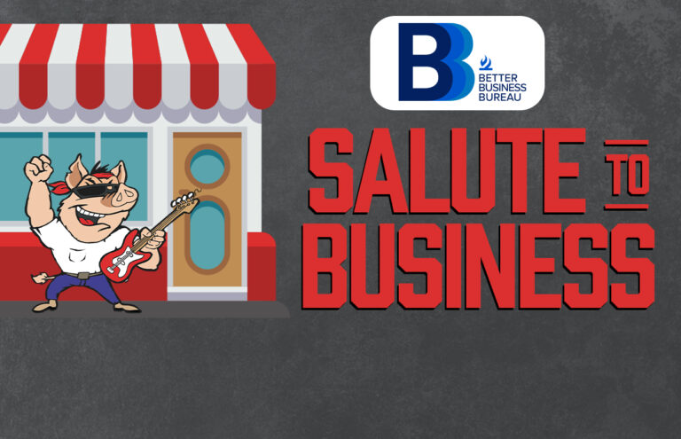 Cartoon pig guitarist outside a storefront with a red-and-white striped awning and bold 'Salute to Business' text beside a BBB logo.
