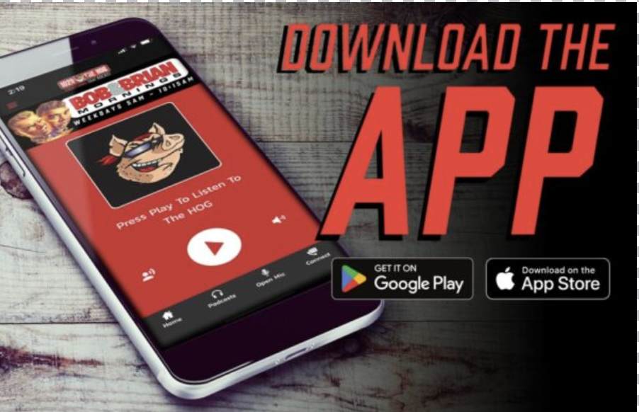 Promo image of a smartphone screen playing a red app with a cartoon mascot and the large text 'DOWNLOAD THE APP', with Google Play and App Store badges.