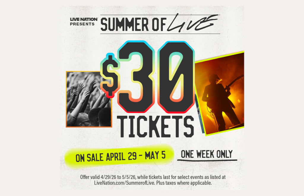 Poster advertising Summer of Live with $30 tickets, on sale Apr 29–May 5; features raised hands crowd and guitarist silhouette.] , but remove comma?