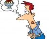 Cartoon man kneels, imagining a whipped-cream ice cream sundae in a thought bubble.