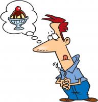 Cartoon man kneels, imagining a whipped-cream ice cream sundae in a thought bubble.