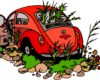 Cartoon of a red car abandoned in a garden, with plants and rocks growing around and through it, doors open.