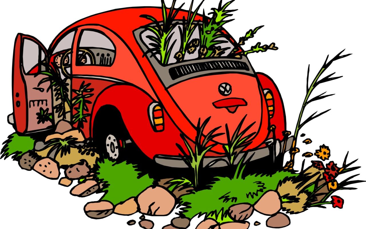 Cartoon of a red car abandoned in a garden, with plants and rocks growing around and through it, doors open.