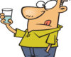 Cartoon man in a yellow shirt and blue jeans holds up a glass of blue liquid, with a goofy expression and tongue sticking out.