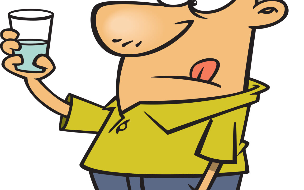 Cartoon man in a yellow shirt and blue jeans holds up a glass of blue liquid, with a goofy expression and tongue sticking out.
