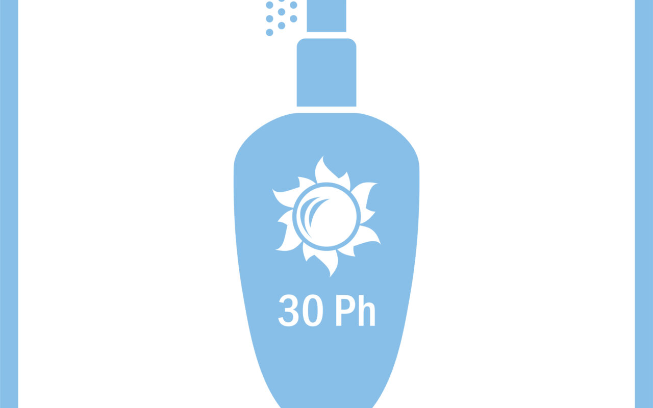 Blue sunscreen spray bottle with sun emblem and '30 Ph' label