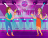 Two women chat at a neon-lit bar, each holding a colorful cocktail, with a disco ball above them.