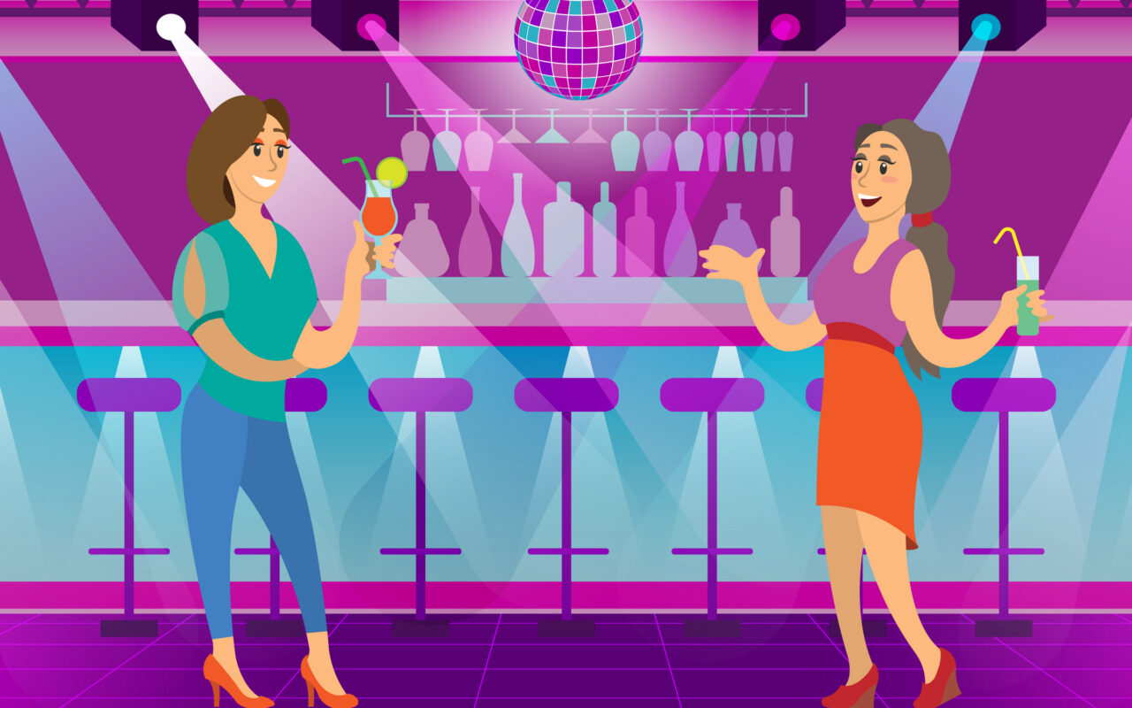 Two women chat at a neon-lit bar, each holding a colorful cocktail, with a disco ball above them.