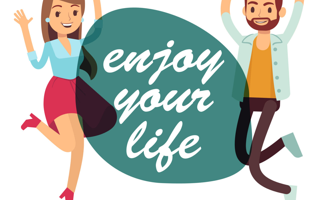 Two cheerful people jump beside a teal circle that says 'enjoy your life' in white script.