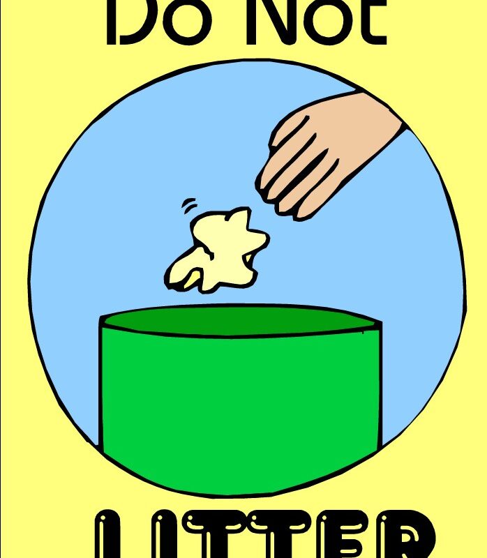 Do not litter — hand dropping piece toward a green trash can in a cartoon sign with a yellow background.