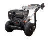 Gas-powered pressure washer on a wheeled cart with a coiled hose and a trigger wand, ready for cleaning jobs.