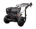 Gas-powered pressure washer on a wheeled cart with a coiled hose and a trigger wand, ready for cleaning jobs.