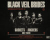 Poster for Black Veil Brides concert featuring the band in leather jackets; shows dates and venue details: September 3, Milwaukee at The Rave/Eagles Club, with supporting acts Caskets and Archers.