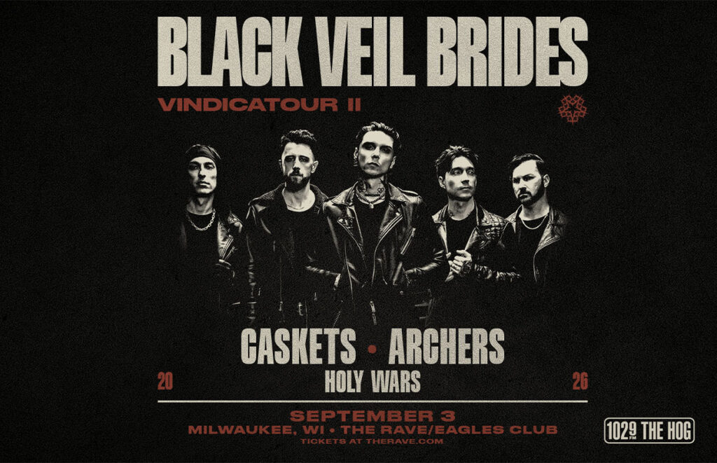 Poster for Black Veil Brides concert featuring the band in leather jackets; shows dates and venue details: September 3, Milwaukee at The Rave/Eagles Club, with supporting acts Caskets and Archers.