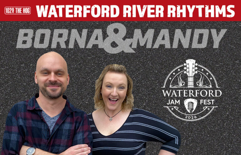Promo poster for Waterford River Rhythms with two smiling hosts, BORNA & MANDY, plus Waterford Jam Fest logo and 2026 branding; 102.9 The Hog appears in the top banner.