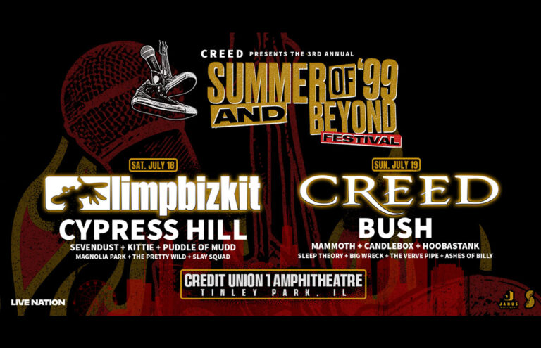 Festival poster for the Summer of ’99 and Beyond tour featuring Limp Bizkit, Creed, Cypress Hill and Bush at Credit Union 1 Amphitheatre in Tinley Park, IL.