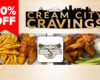Promotional banner for Cream City Cravings with a bold 50% OFF red tag and wings with fries, Eagle Springs Pub logo in center.