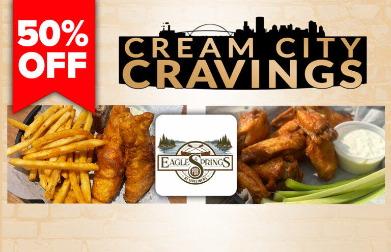 Promotional banner for Cream City Cravings with a bold 50% OFF red tag and wings with fries, Eagle Springs Pub logo in center.