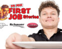 Promotional banner for 'First Job Stories' with sponsor logos and a man taking a selfie (Bob & Brian Mornings).