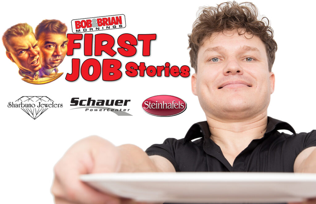 Promotional banner for 'First Job Stories' with sponsor logos and a man taking a selfie (Bob & Brian Mornings).