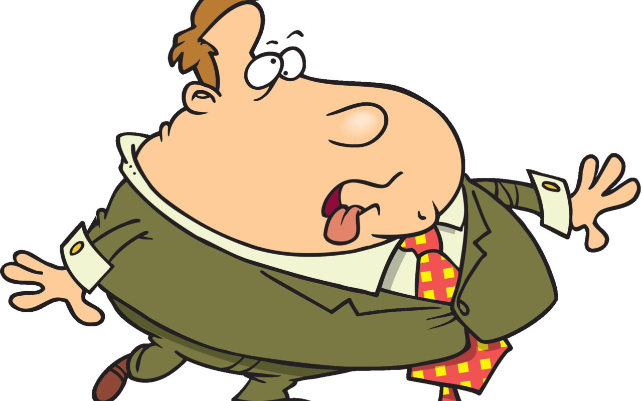 Cartoon businessman in a suit making a goofy face with tongue sticking out.