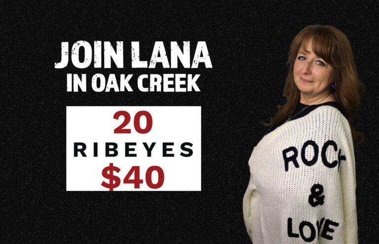 Promo banner for Lana in Oak Creek offering 20 ribeyes for $40, with a woman in a white knit sweater on the right.
