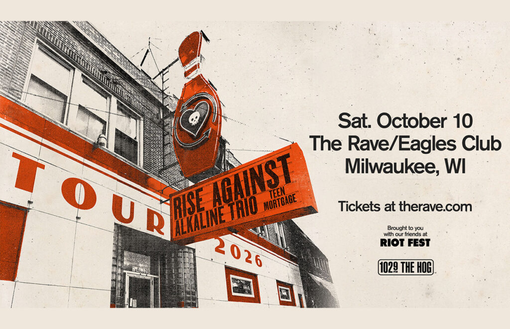 Event poster for Rise Against and Alkaline Trio tour at The Rave/Eagles Club, Milwaukee, WI on Sat, Oct 10 — tickets at therave.com