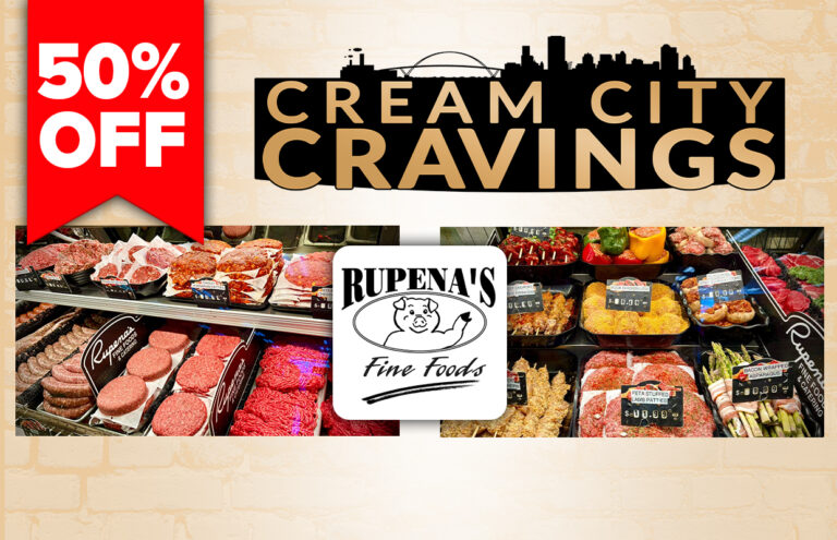 Promotional banner for Rupena's Fine Foods: 50% OFF with the Cream City Cravings logo over a meat counter collage.