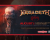 Megadeth concert poster featuring a skull skeleton on left, with event details on right: August 1 at Capital Credit Union Park, Green Bay, WI.