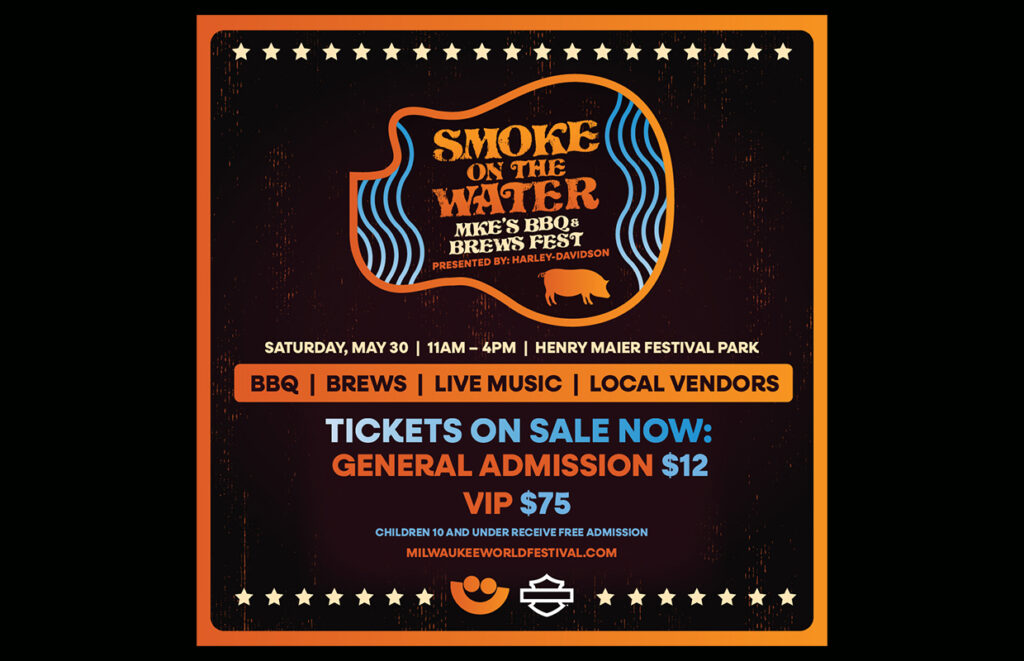 Poster advertising Smoke on the Water BBQ festival with date, venue (Henry Maier Festival Park), and ticket prices (General Admission $12, VIP $75).