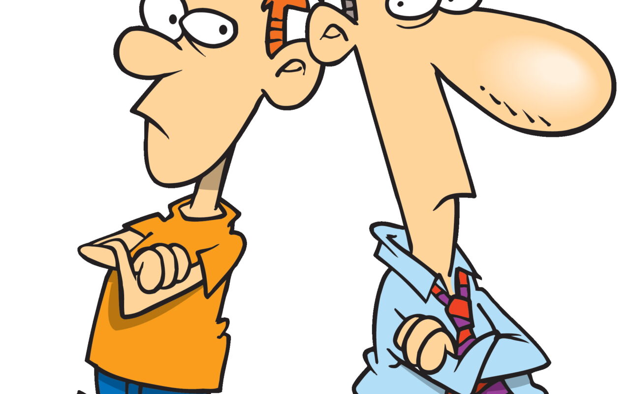 Two cartoon men stand back-to-back with crossed arms and angry expressions, showing a disagreement.