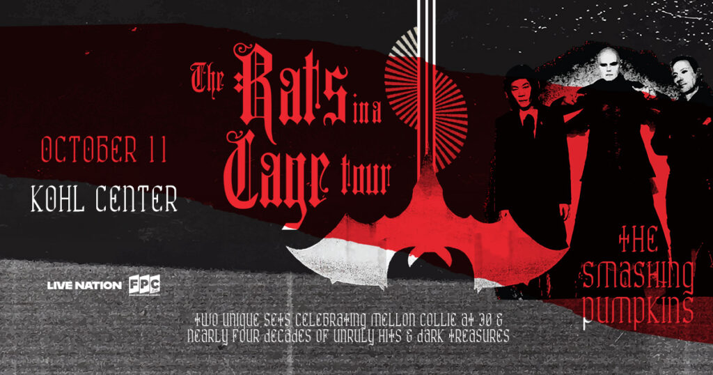 Promotional poster for a rock concert featuring The Smashing Pumpkins at Kohl Center on October 11, with a gothic red and black design and the tour title in ornate lettering.