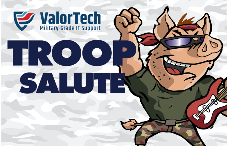 ValorTech logo with 'Troop Salute' text, featuring a cartoon pig guitarist in sunglasses against a camo pattern background.