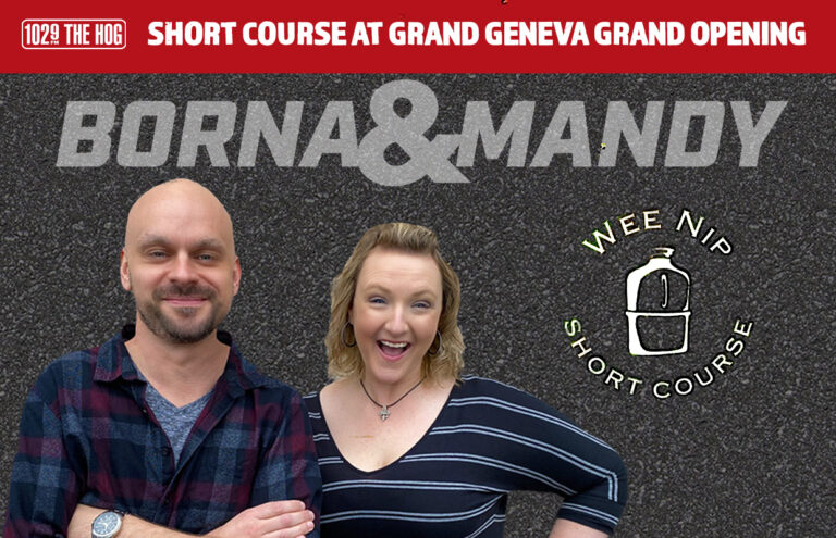 Promotional banner featuring Borna & Mandy for Grand Geneva short course; two smiling hosts with event branding on a textured background.